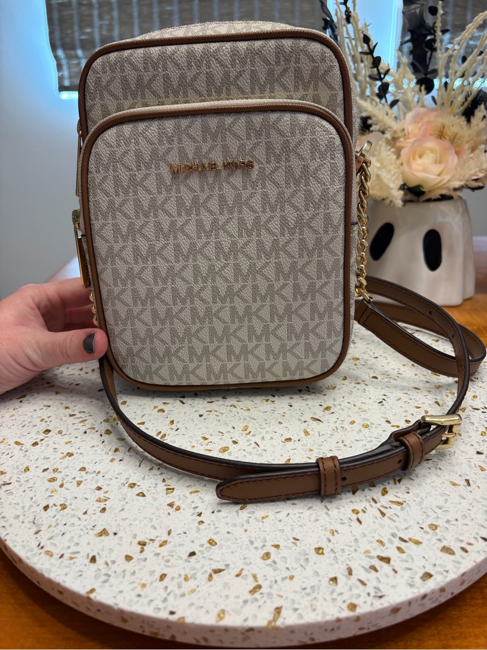 Michael Kors Beige Logo Crossbody with Brown Trim and Gold Hardware
